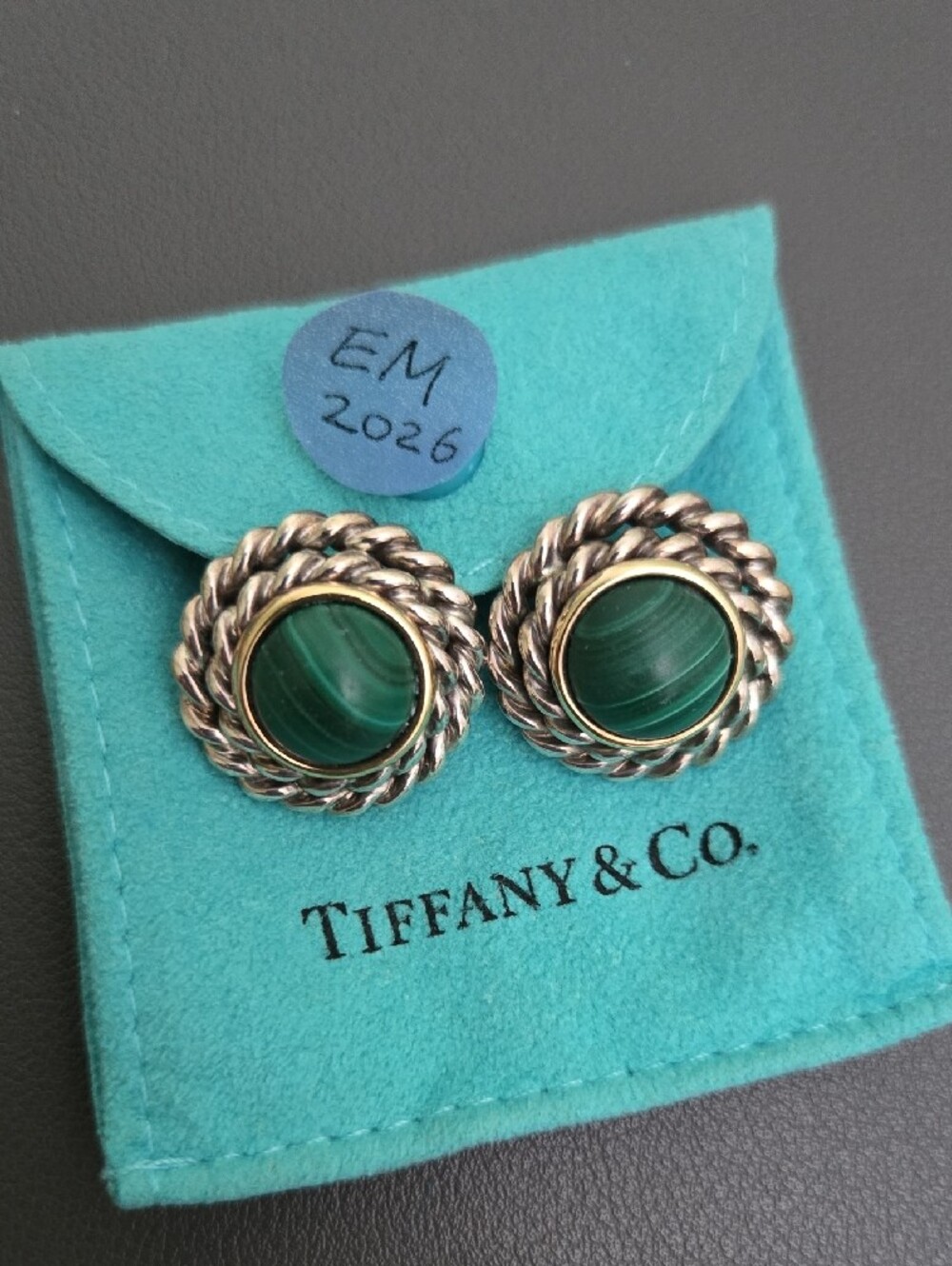 Tiffany & Co. Green Malachite Rope-Edge Earrings with Gold Accents